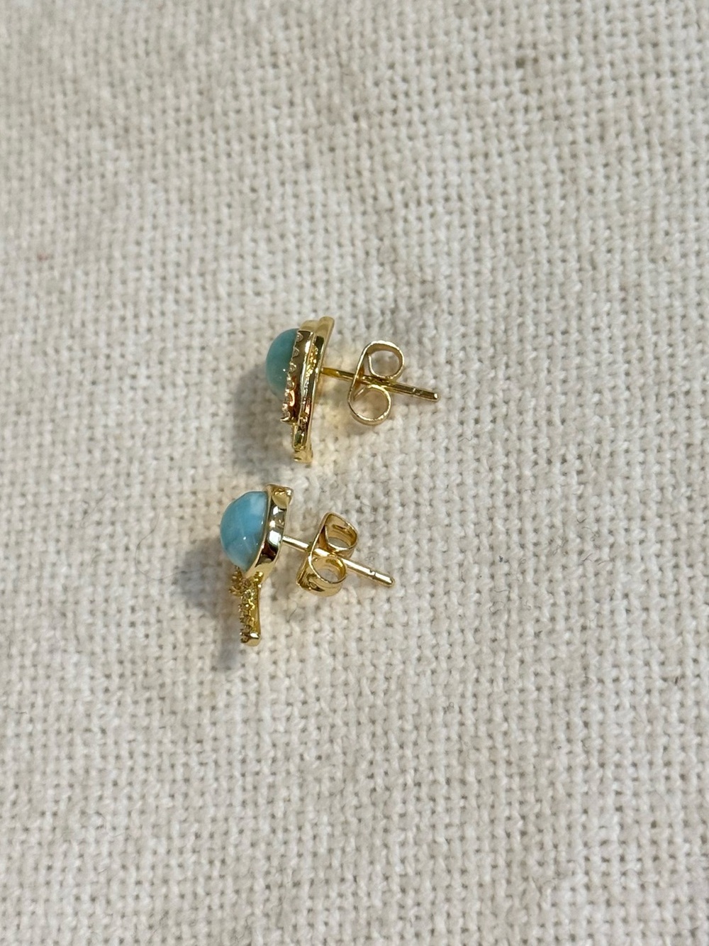 NEW! Gold Plated Larimar stone Stud Earrings with CZ - Picture 3 of 4